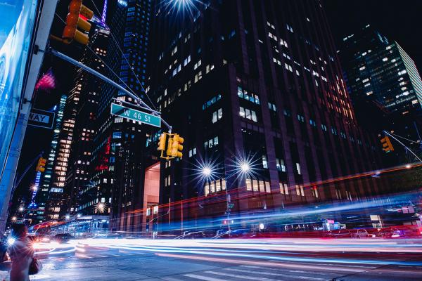 Timelapse photo of W46th street in NYC at night