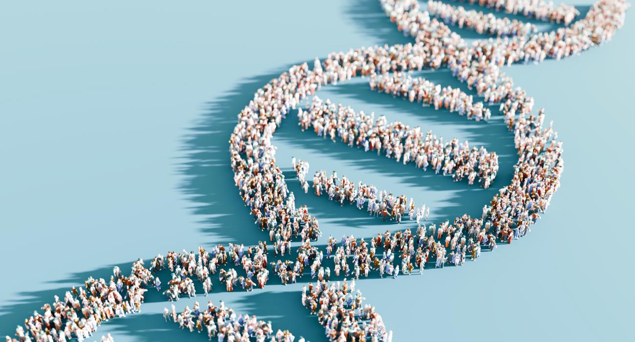 People in a crowd standing in the shape of a DNA strand