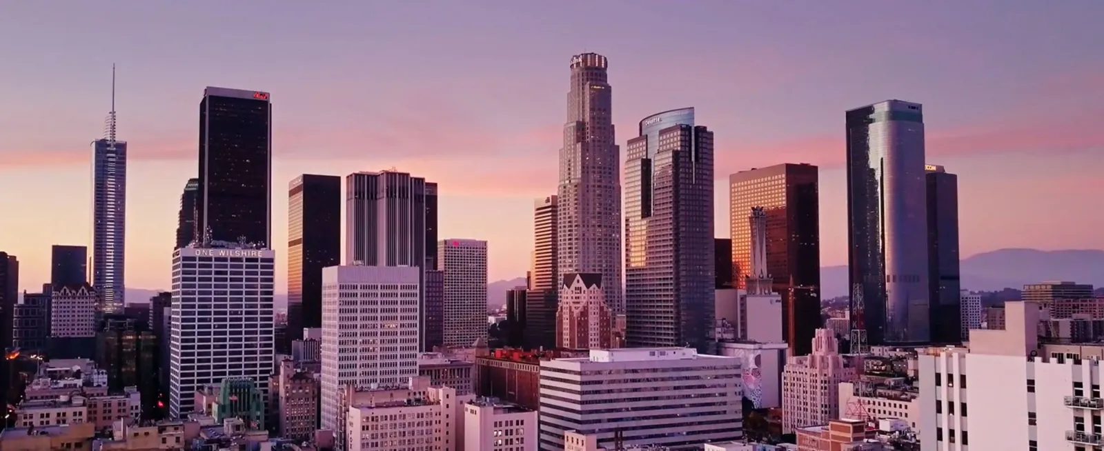 Downtown Los Angeles skyline at sunset.